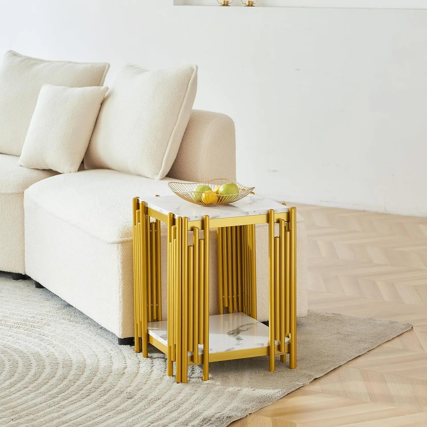 Square White Marble End Table with Gold Metal Frame, 2-Tier Faux Marble Side Table with Storage, Mid Century Modern Side Table f