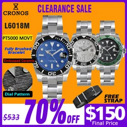 Cronos Sub Diver Men Watch Stainless Steel PT5000 Brushed Bracelet Ceramic Bezel 200 meters Water Resistant L6018