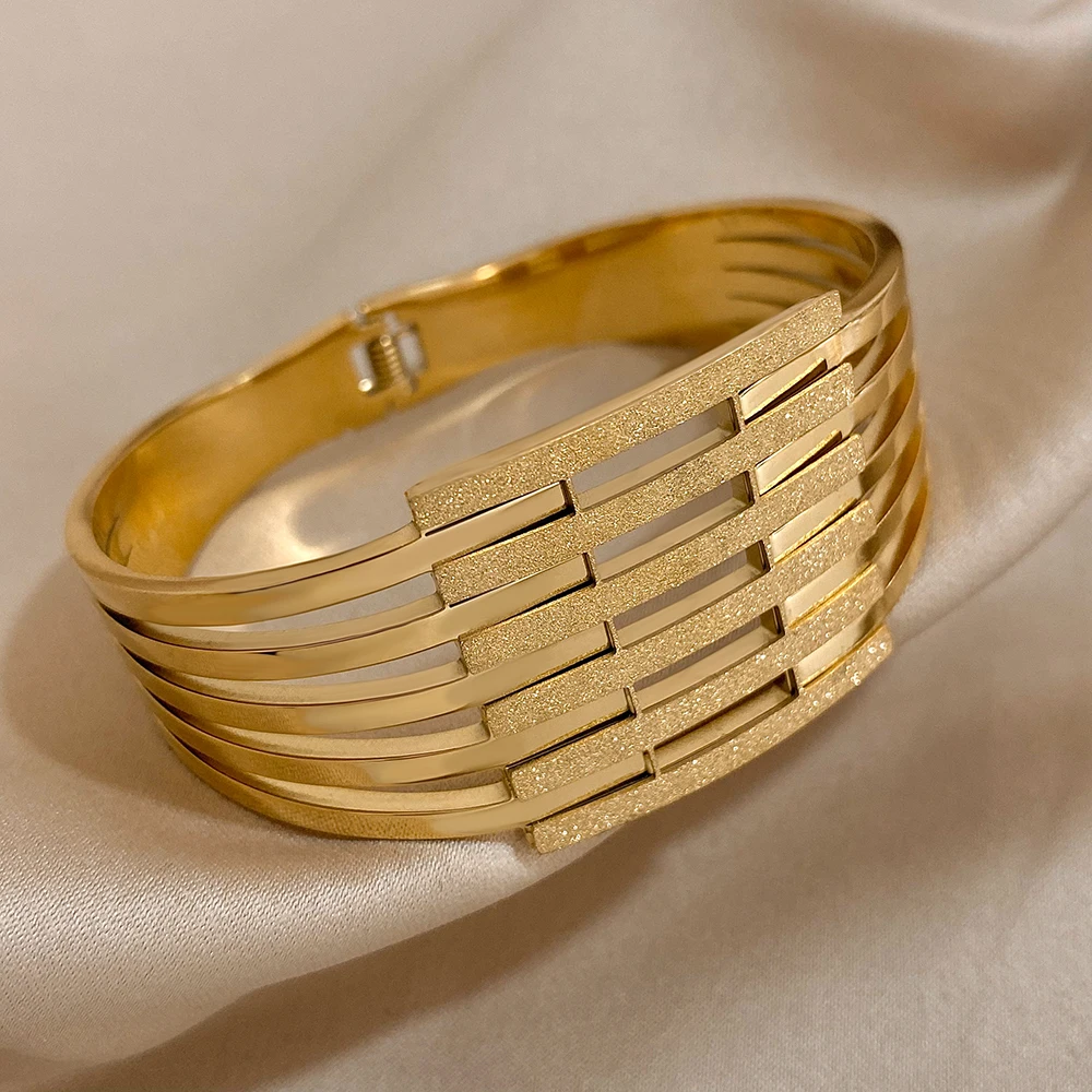 Stainless Steel Hollow Cuff Bangle for Women Unisex Wide Version Golden Bracelet Fashion Jewelry Accessories Party Gifts