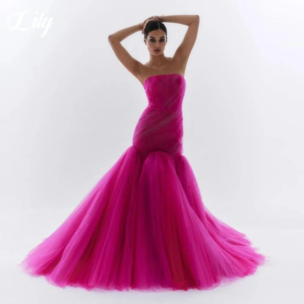 

Lily Fuchsia Elegant Prom Gown Strapless Backless Sleeveless Formal Gown Pleating Trailing Chic Woman Evening Dresses Customized