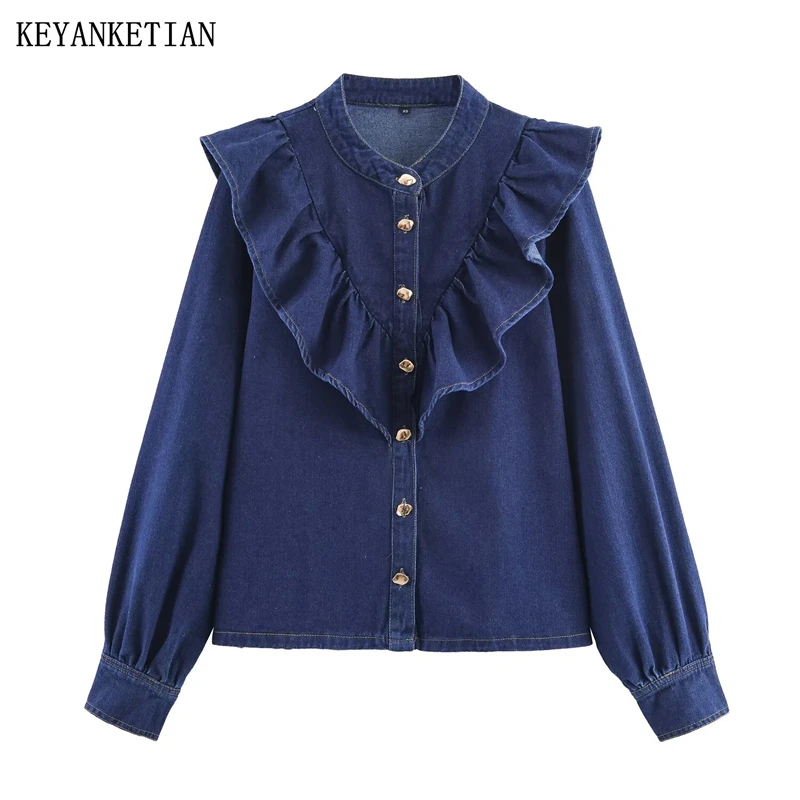 KEYANKETIAN الخريف جديد الملابس النسائية الرجعية الدنيم كشكش حافة الطبقات الديكور واحدة الصدر قميص دينيم للنساء #1