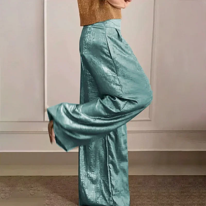 

Spring Vintage Metallic Color Casual Pants Women Fashion High Waist Loose Straight Trousers Summer Pocket Wide Leg Pant Harajuku