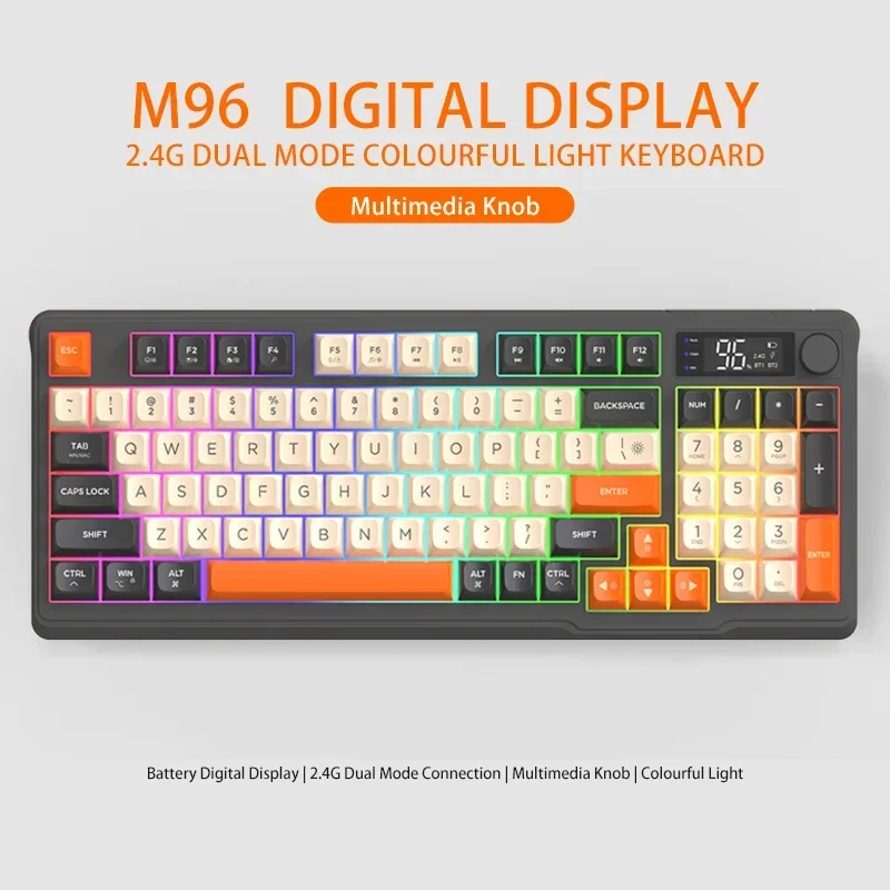 Multimedia Knob Battery Digital Display Keyboard,2.4G Bluetooth Dual Mode Connection, Colourful Light,PC Notebook