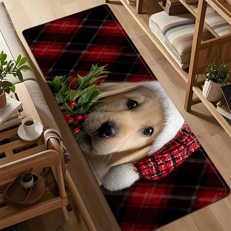 Christmas Runner Rug Golden Retriever Puppy Santa Hat Plaid Print Carpet Hallway Bedroom Bedside Rug Xmas Holiday Home Decor