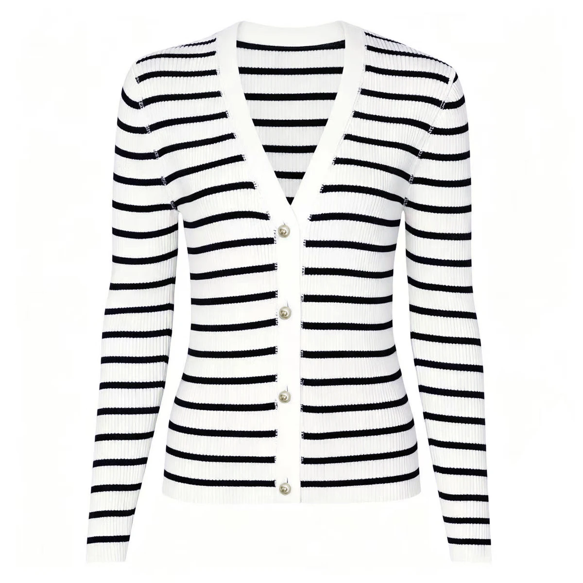 

High Quality Autumn New Striped Fashionable High Stretch Knitted Pearl Button V-neck Long Sleeved Top Women's Cardigan