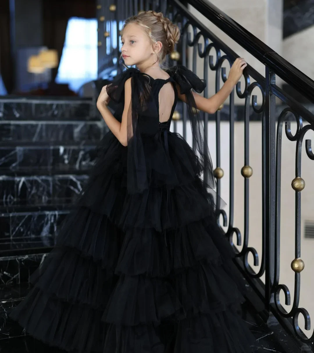 Black Swan Ballet Girl Layered Tulle Fluffy Sleeveless Flower Girl Dress For Wedding Custom Formal Ball Piano Performance Gowns