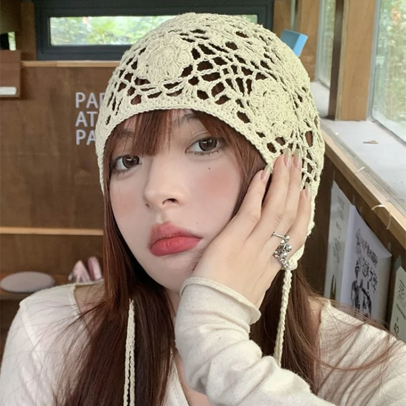 Spring and Summer Hollow Flower Pullover Hats for Women Japanese Cute Lace-up Thin Knit Hat Sweet Hand-woven Stacking Beanies