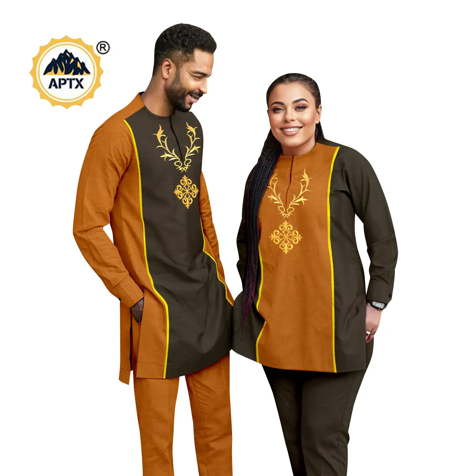 Bazin Riche 아프리카 여성 패치 워크 의류 매칭 커플 의상 Dashiki Kaftan 남성 아플리케 탑과 바지 세트 25C029