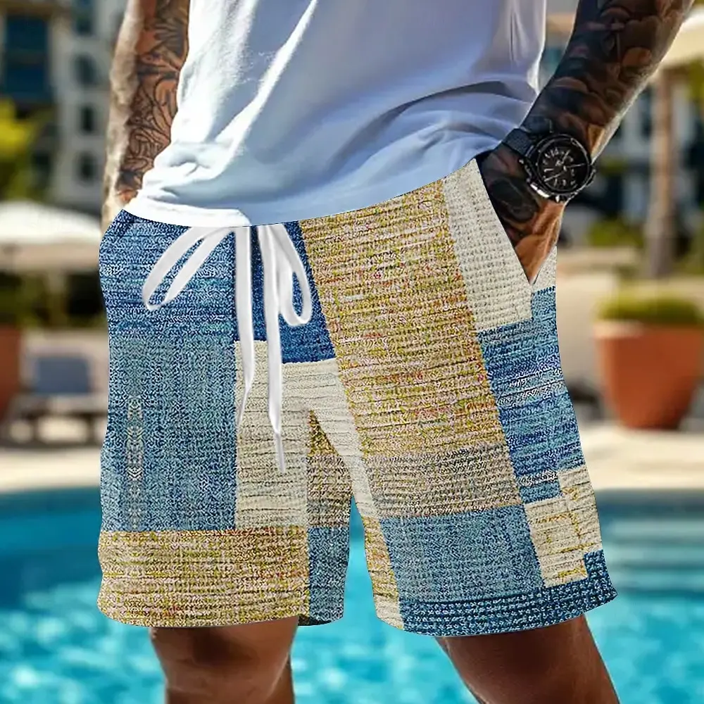 Men's Spring Summer Patchwork Woven Texture Print Drawstring Shorts, Casual Resort Loose Printed Beach Trunks For Pool Party
