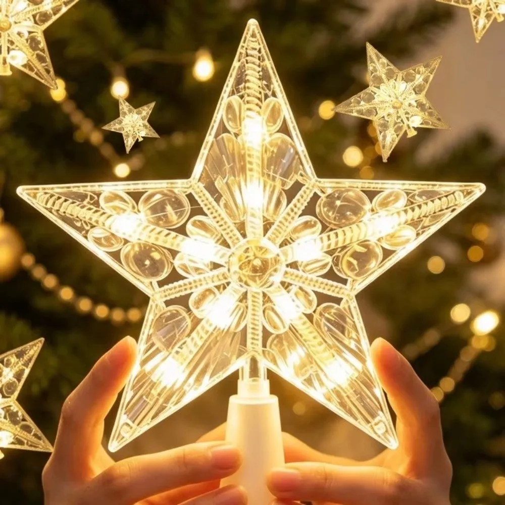 Warm White Christmas Tree Topper Transparent Water Drop Pattern Lighted Tree Star Five Point Shape Cone Base