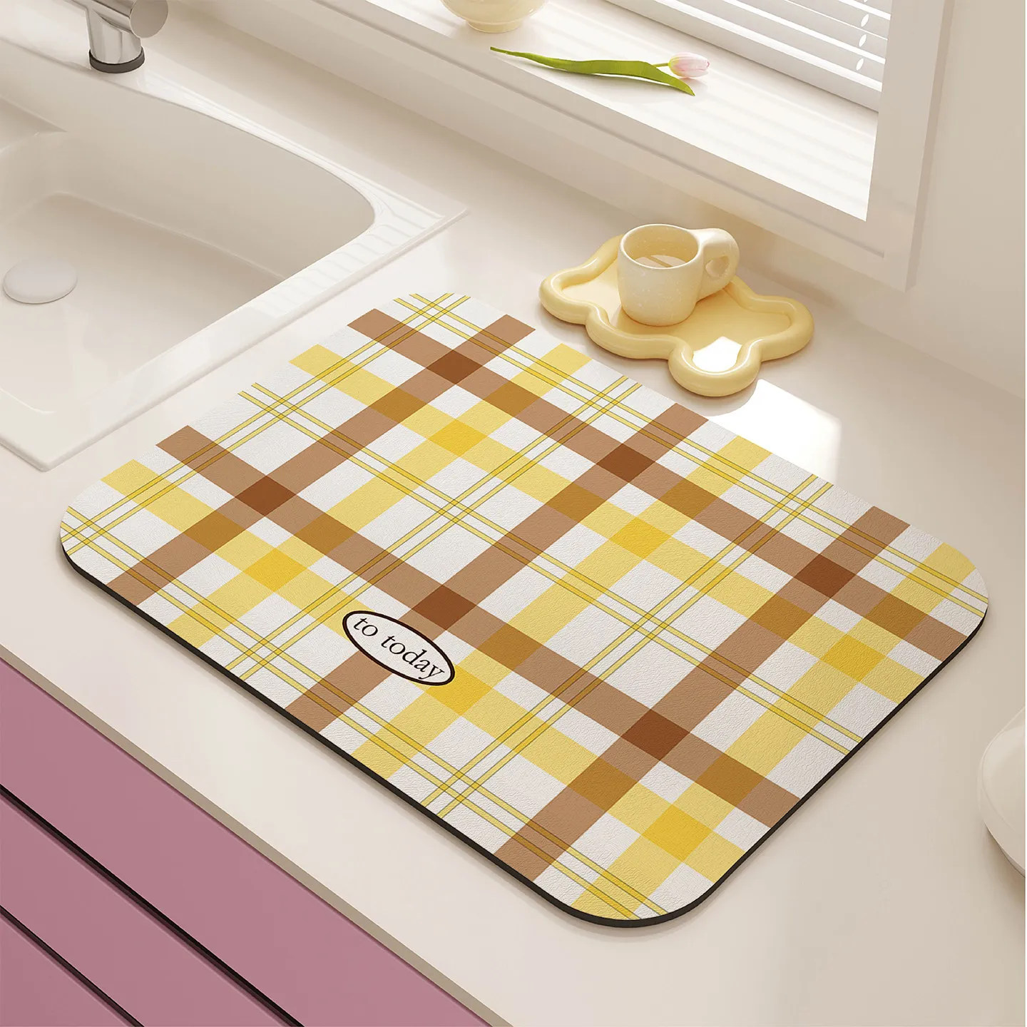 VIKAMA yellow brown tartan plaid quick dry kitchen mat vintage retro warm autumn kitchen countertop absorbent non slip pad