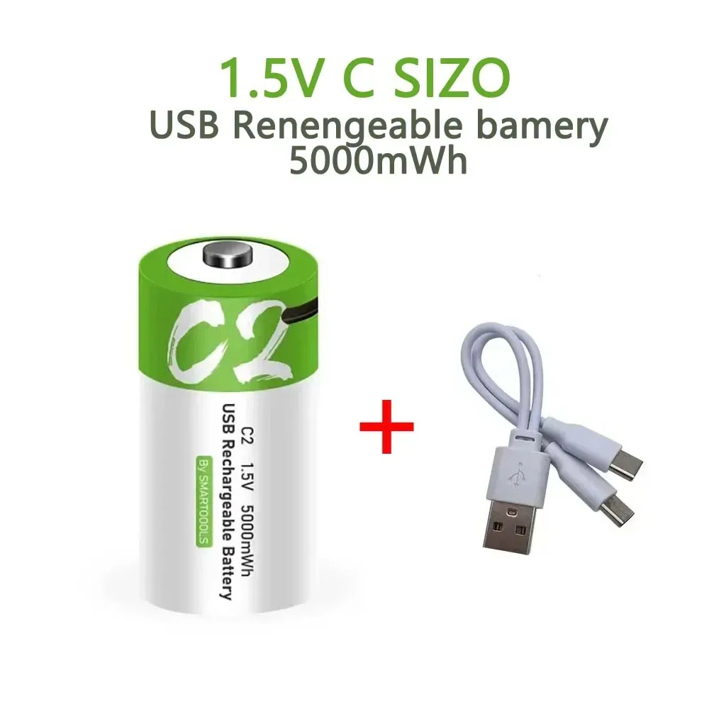 1.5V 5000mWh C2 LR14 Li-po Rechargeable Battery Type-C Ultra-Fast Charging for Flashlight Gas Cooker Electronic Piano Radios