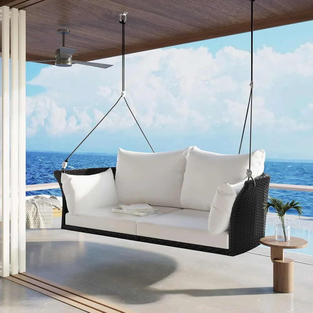 Porch Swing with Ropes, 2-Person Hanging Swing Seat, Rattan Woven Swing Chair with Wicker and Cushion, Porch Swings Outdoor