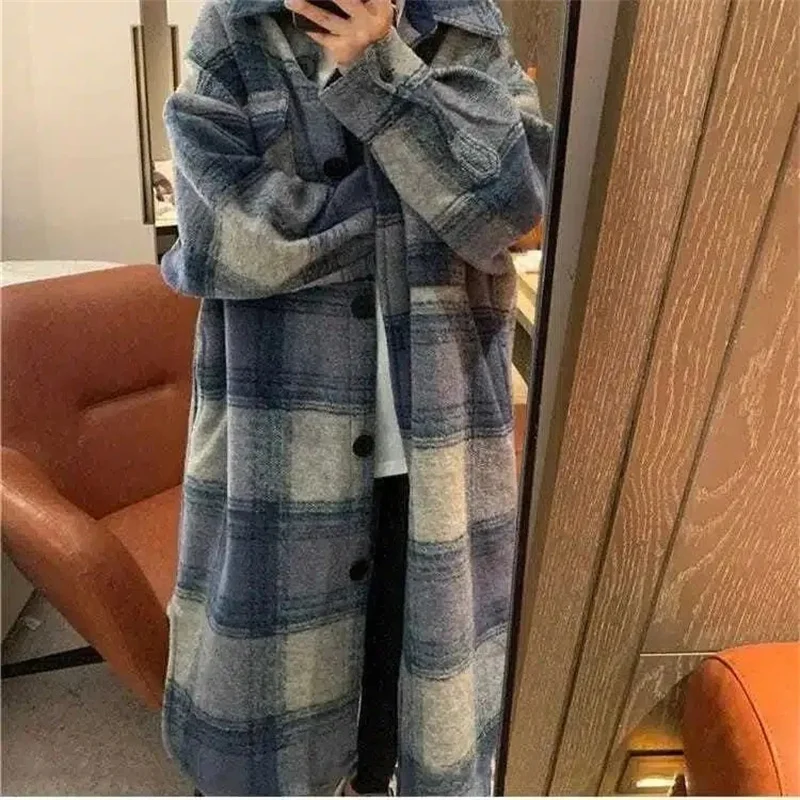 2023 Spring Autumn New Thin Mid-length Shirt Over the Knee Blue Plaid Coat Loose 300 Pounds Korean Version Temperament Commute