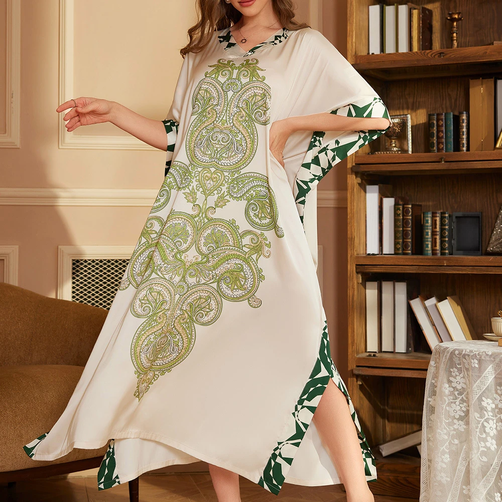 Plus Size Female Long Nightgown Loose Flower Print Nightdress Sleepwear Home Clothing Casual Silky Satin Loungewear Lingerie 3