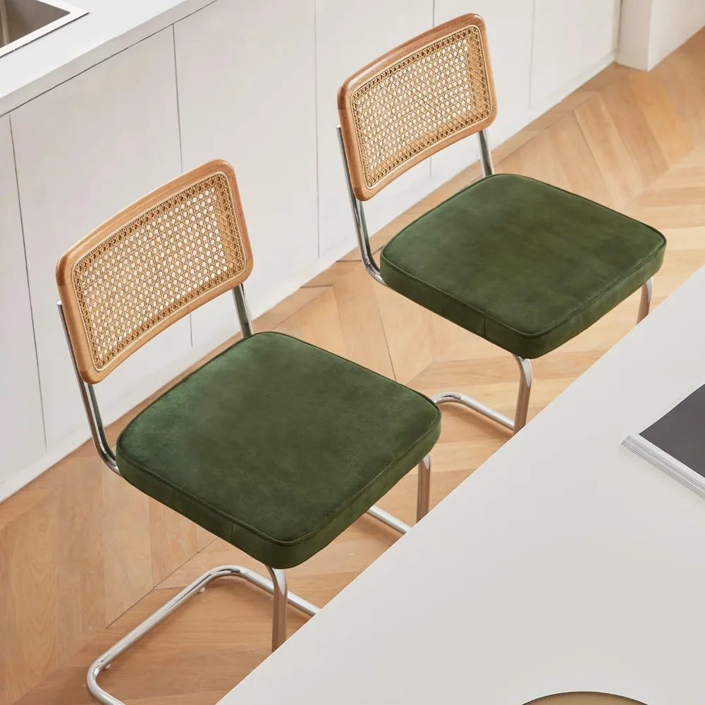 Rattan Bar Stools Set of 2 with Solid Wood Back, 24 Inch Mid Century Modern Counter Height Stools, Green Upholstery Boho