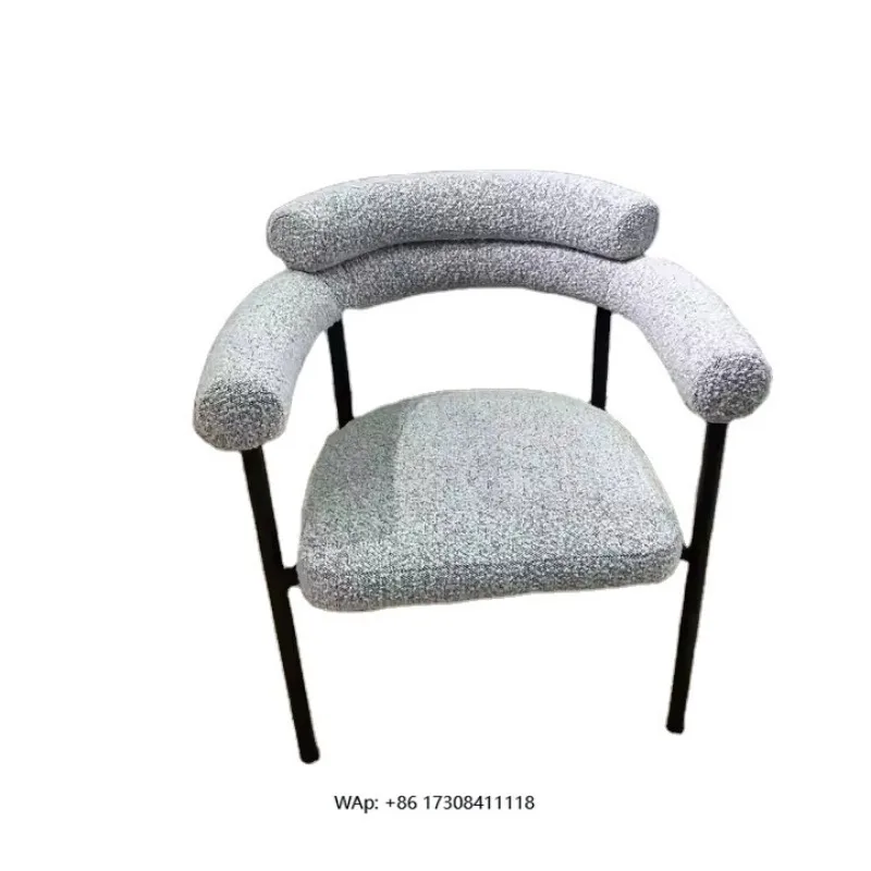 Modern Nordic Restaurant Armchair Gray Boucle Fabric Black Leg Foldable Coffee Shop Hotel Home-Dining Chair Living Room Bedroom