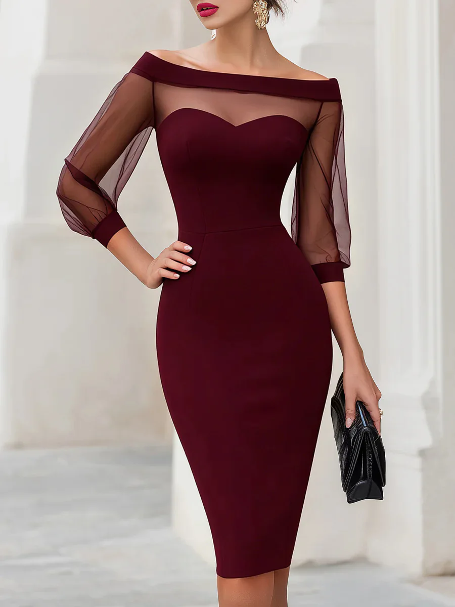 

Elegant Solid Color Bodycon Dress Sweetheart Neck Sheer Mesh 3/4 Sleeve Dress Women Wedding Guest Cocktail Party Formal Gown