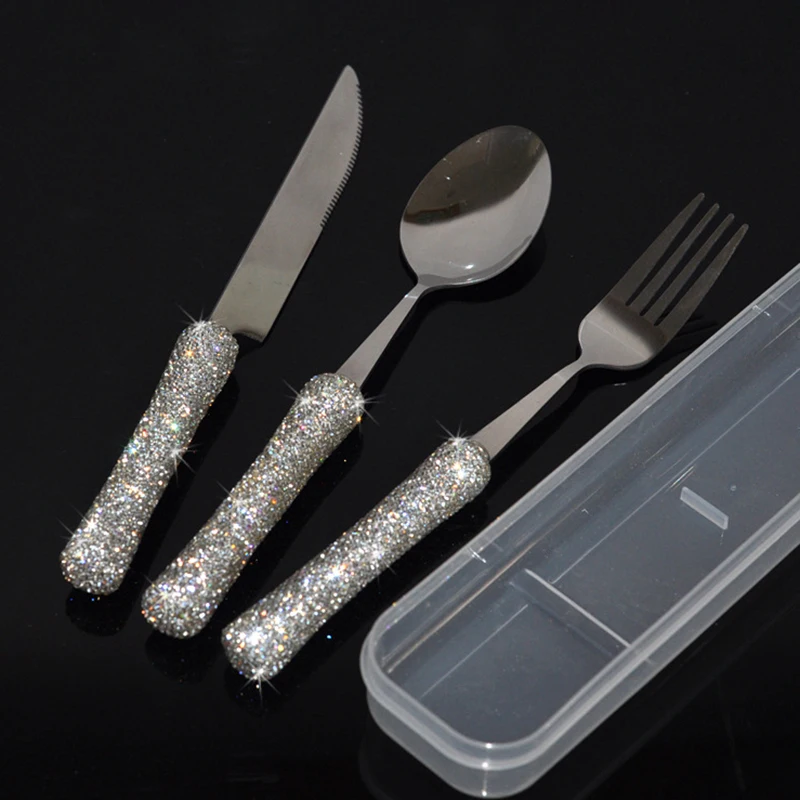 Luxury Spoon Fork Knife Chopsticks Set 304 Stainless Steel Cutlery Tableware Sparkling Diamond Flatware Dinnerware Set With Case