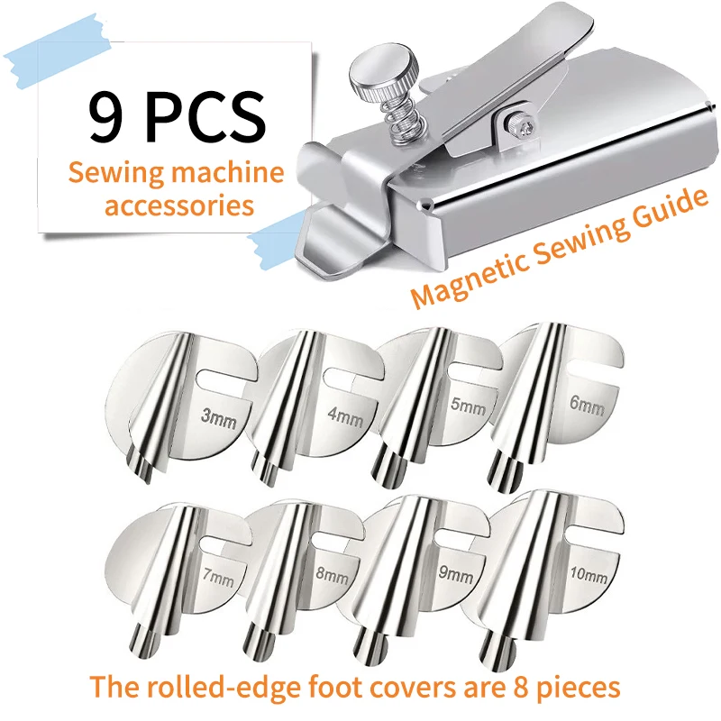 

Набор из 9 аксессуаров для швейных машин: магнитный направитель для шитья и 8 накладок для пришивания края, идеально подходят для самостоятельного шитья и рукоделия.