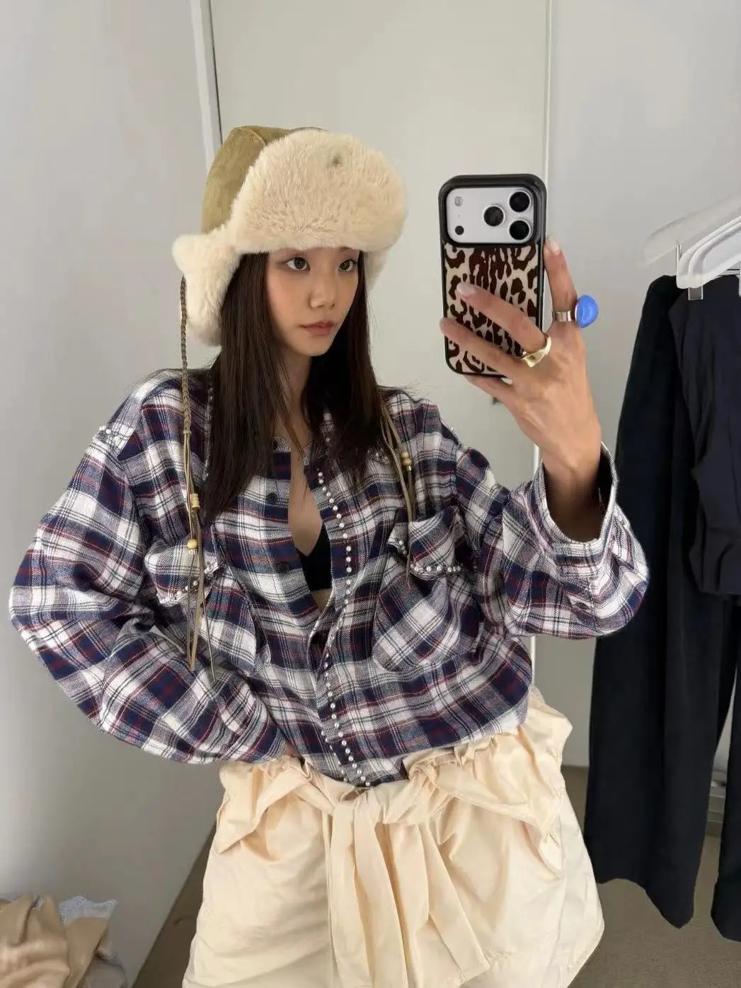 

Handmade Beaded Color Block Plaid Pure Cotton Casual Loose Long Sleeve mid Length Shirt Top Women's Fashion Spring 2026