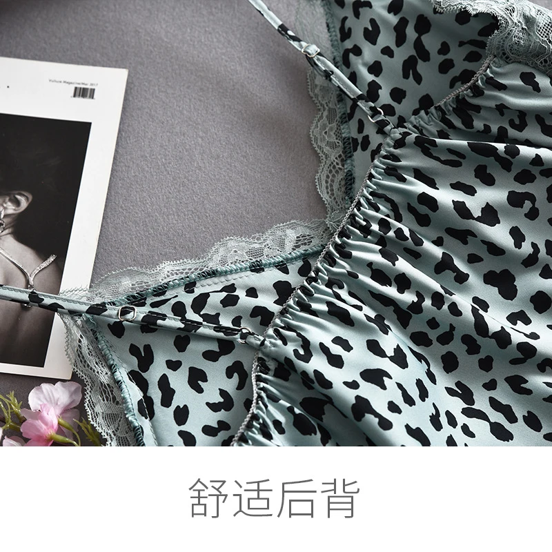 Leopard Print Camisole Nightdress For Women, Summer And Autumn Thin Sexy Silk Short Dress With Chest Pads, Lace Ice Pajamas view 3