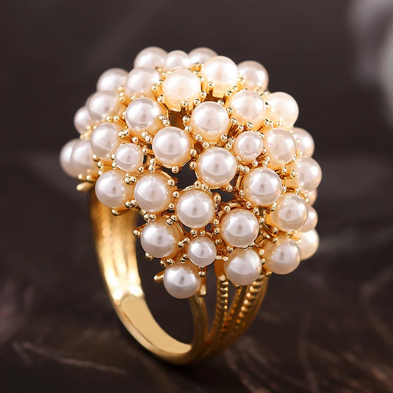 

Huajie Elegant Imitation Pearl Flower Rings for Women Luxury Banquet Party Ladys New Ring Jewelry Accessories Trend
