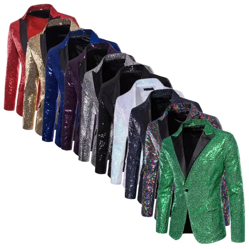 Fashion Men Trend Sequin Suit One Button Jacket Red Green White Singer Host Party Bar KTV Stage Performance Luxury Blazer Coats