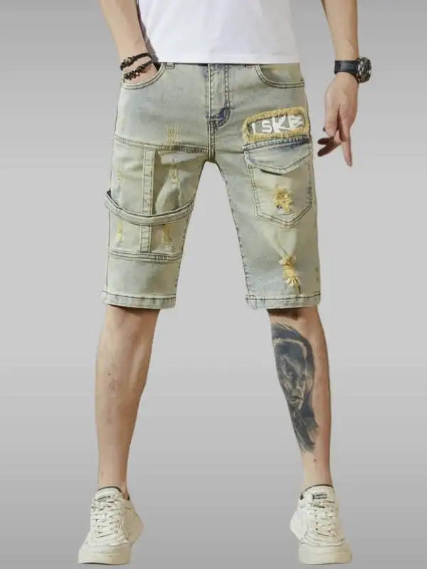 

High-End Vintage Ripped Waed Workwear Denim orts Men Summer New Middle-Paint Slim Elastic Five-Point Pants Casual Jeans