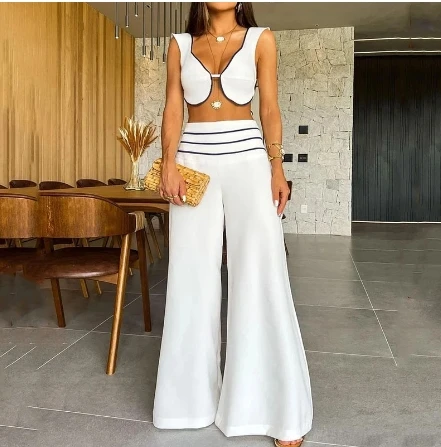 

Women's Two Piece Outfits Fashion Contrast Stripe Paneled Low Cut Sleeveless Sexy Tank Crop Top and High Waist Pants Set