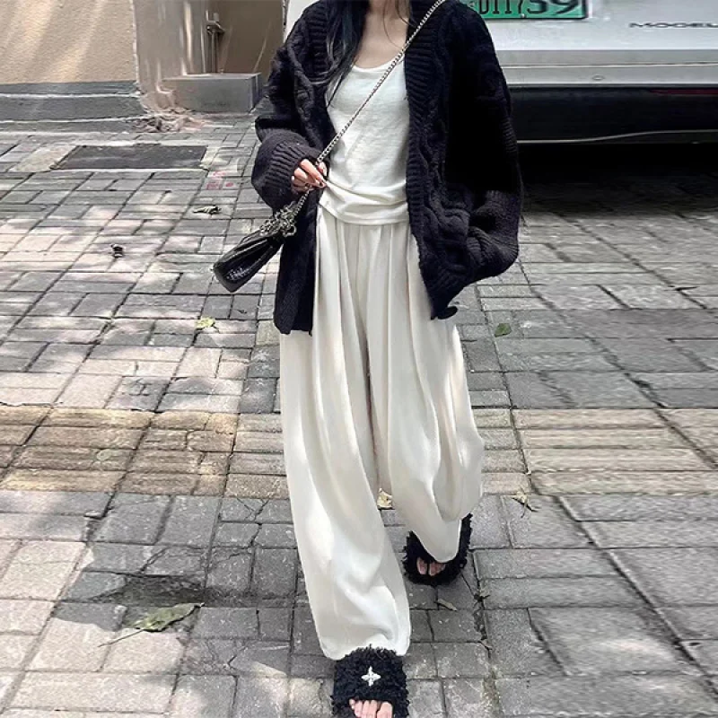 

Белые брюки Lazy Yamamoto, женские весенние брюки, новые свободные утягивающие повседневные брюки, прямые широкие брюки с высокой талией