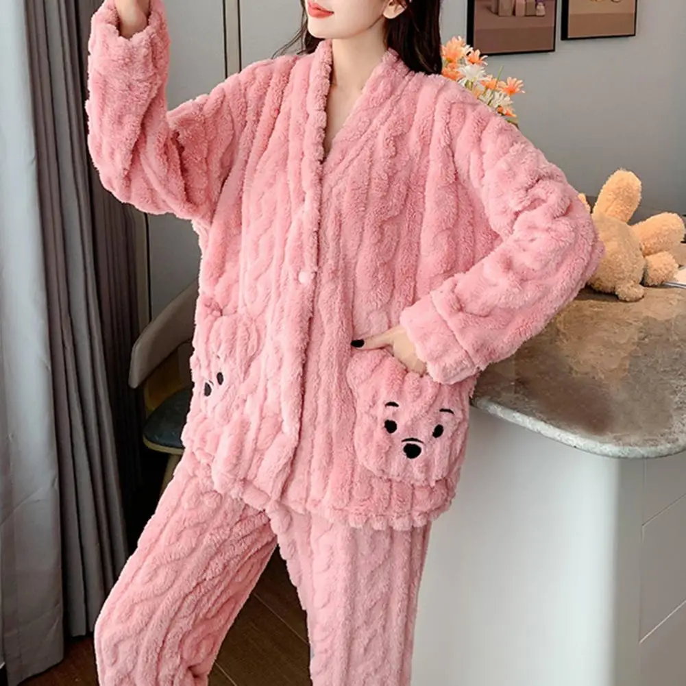 Women Winter Thickened Coral Fleece Pajamas Trousers Long Sleeve Plaid Jacquard Cardigan 2PCS Set Warm Leisure Flannel Nightwear