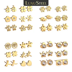 LUXUSTEEL FLowers 6Pairs Earring For Women Girls Stainless Steel Cubic Zirconia Stud Sets Fashion Jewelry Gift Box Package