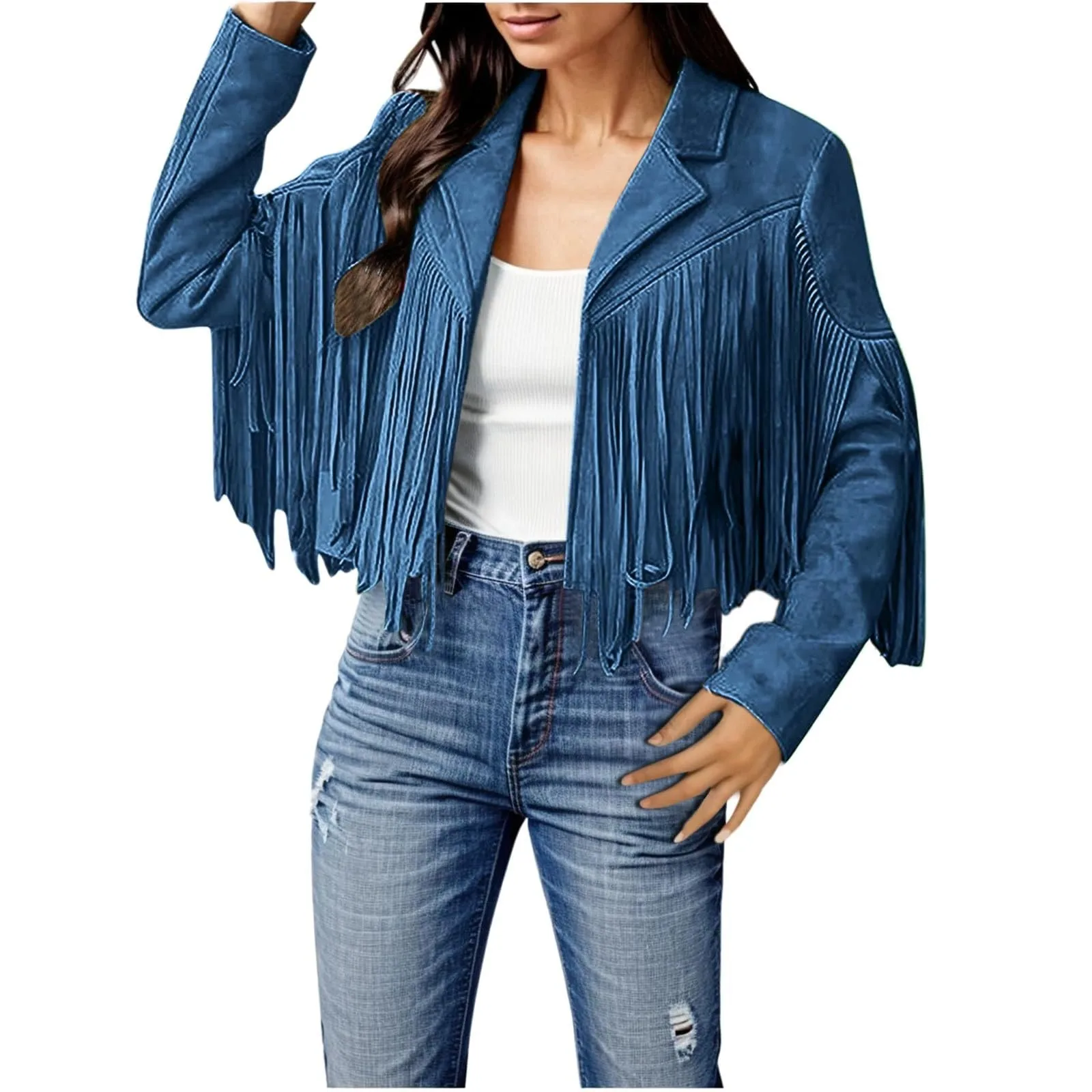 Women Y2k Fringed Hem Tassel Cardigan Crop Tops E-girl Motor Biker Jacket Suede Leather Jacket 90s Vintage Streetwear Coat Cool