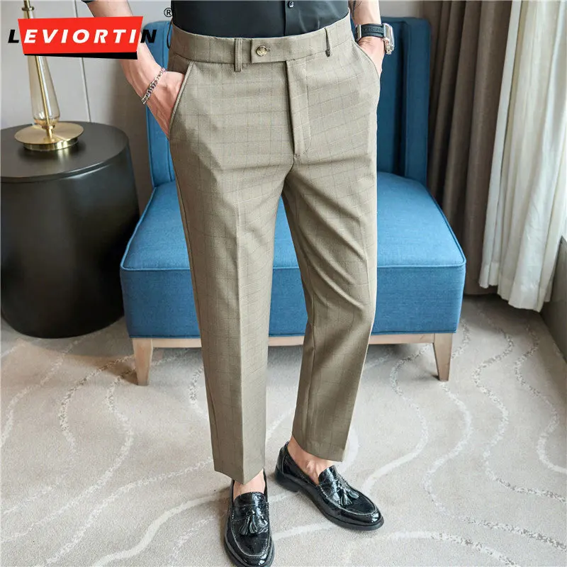 2024 Autumn and Winter New Men's Pants Small Straight Grid Western Pants Texture Slimming Youth Suit Pants Trendy XK990100