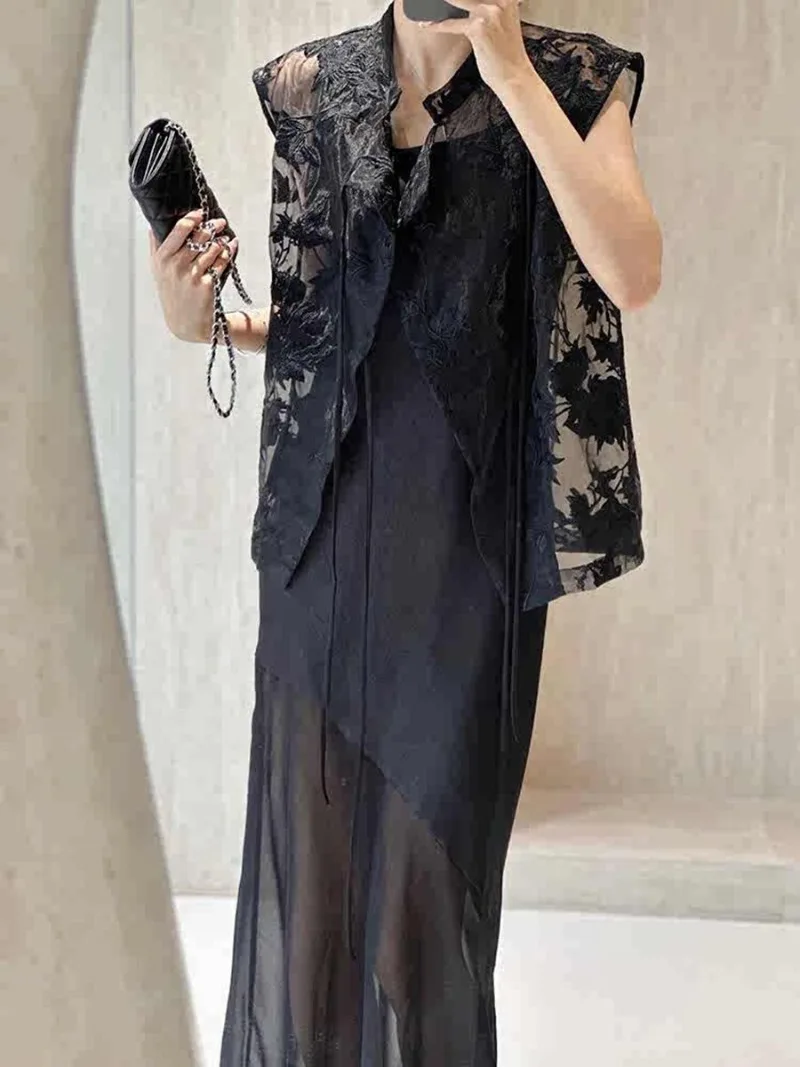 New Chinese Style High End 2 Piece Set Women High End Lace Slim Sleeveless Vest + Slim Splicing Sling Dress Women's Suit