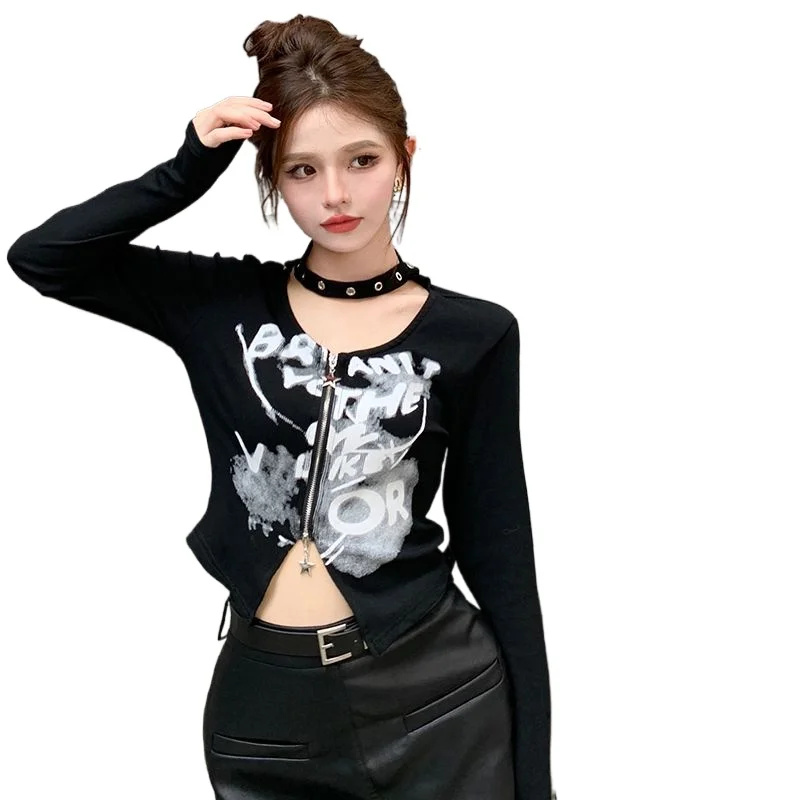 

Female Slim and Thin Versatile Design Top Trend Autumn Winter New Pure Desire Style Spice Girl Short Neck Long-sleeved T-shirt