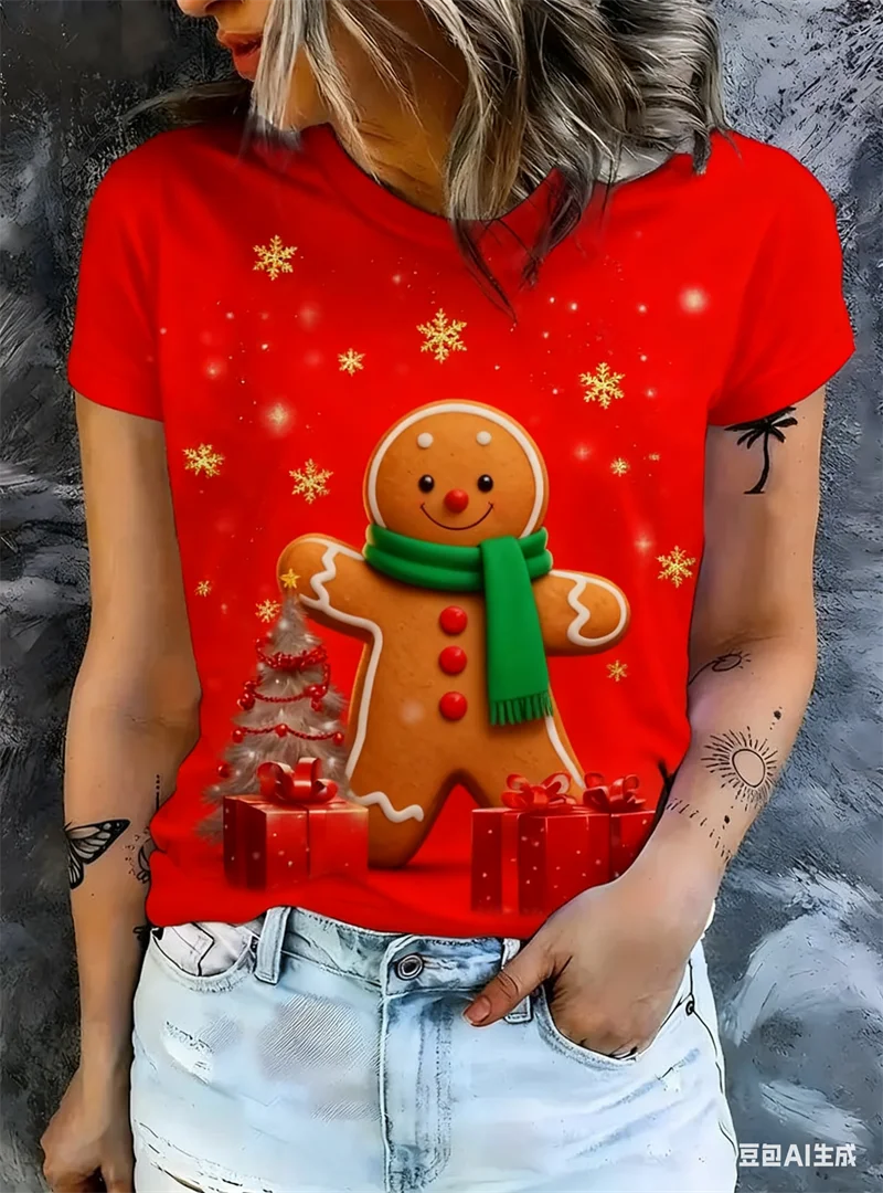 

Christmas Women's gingerbread 3D Print T-shirt tops Fashion Christmas Theme Casual Short Sleeve Holiday X'mas Woman y2k Clothes