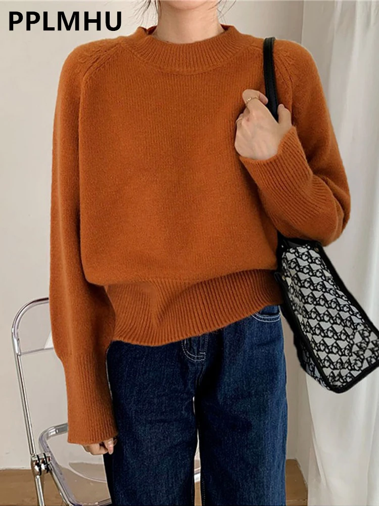 Vintage Fall Winter Short Knitted Sweater Women O-neck Korean Casual Crop Tops Loose Elegant Soft Knitwear Jumper Warm Pullover