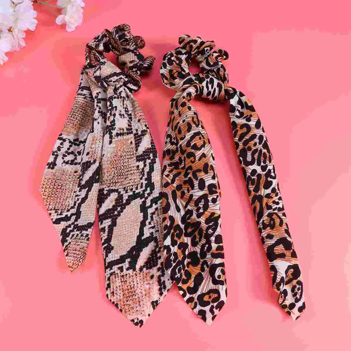 

4Pcs Leopard Color Elastic Hair Ring Knot Long Cloth Hair Band with Buckle Ponytail Holders Hair Ropes for Lady