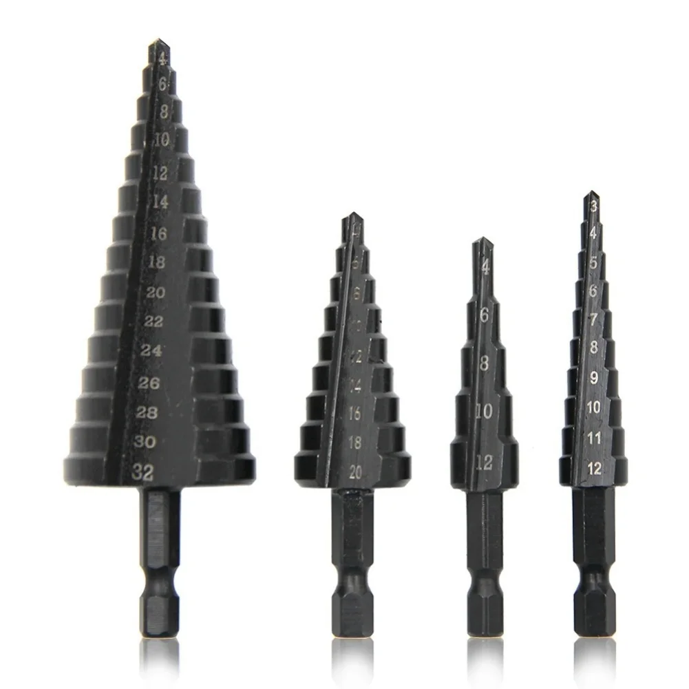 3-teiliger Stufenbohrer, HSS-Sechskantschaft, gerade Nut, schwarzer Stufenbohrer, 3–12/4–12/4–20/4–32 mm, Reibturm-Bohrwerkzeug-Set – Detail 2