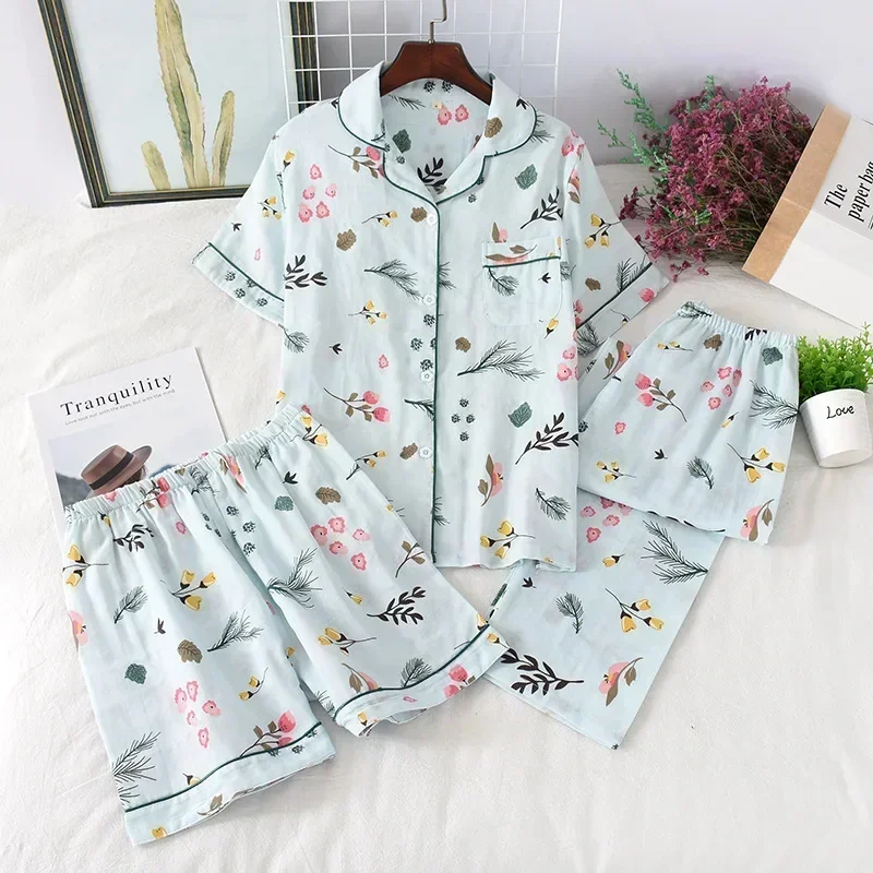 Pijamas de tres piezas de estilo japonés para mujer, primavera y verano, Otoño, 100% algodón, gasa, pantalones cortos de manga corta, traje de