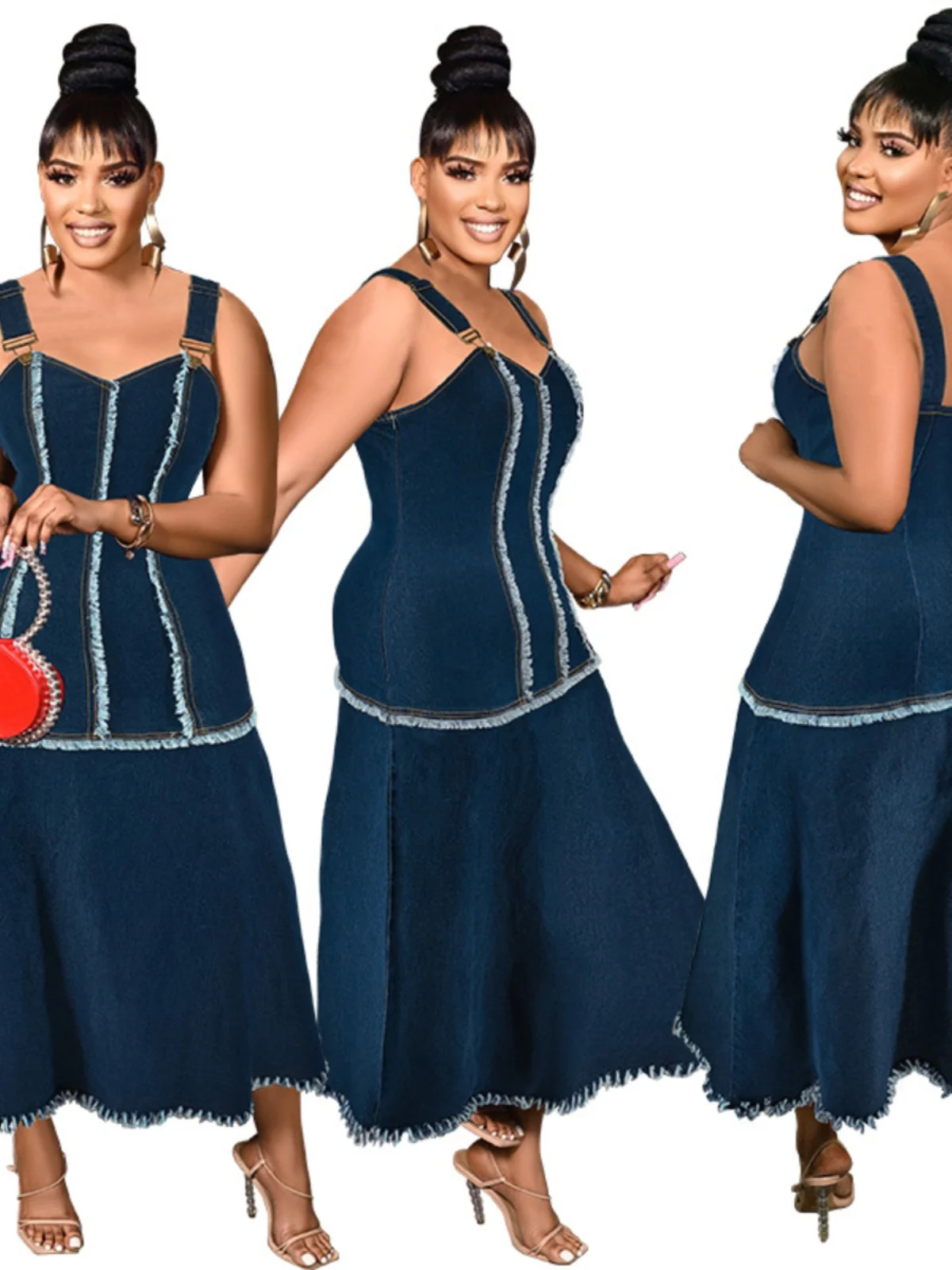 

Summer Sexy Svel Long Dr Women's Large Size Denim Gown with Tassel ter Ne A-Line Skirt Cotton 00% Gown