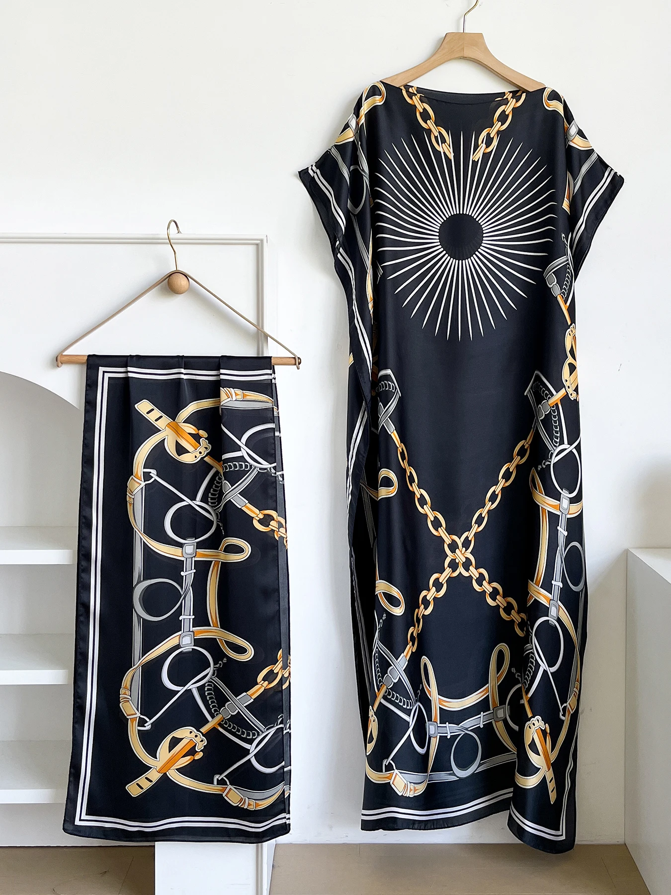 NEW Fashion Summer Print Dress With Big Scarf Dubai Turkey Kaftan Muslim Loose Abaya Women African Casual Paisley Shawl Robe