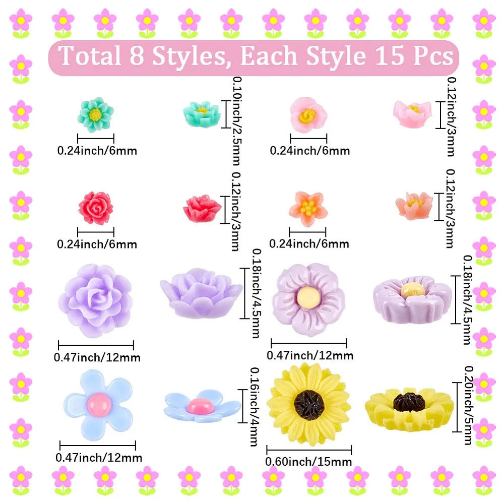 120Pcs 8 Styles Opaque Resin Cabochons Flower Mixed Color 6~17x5.5~17.5x2.5~5mm 15pcs/style