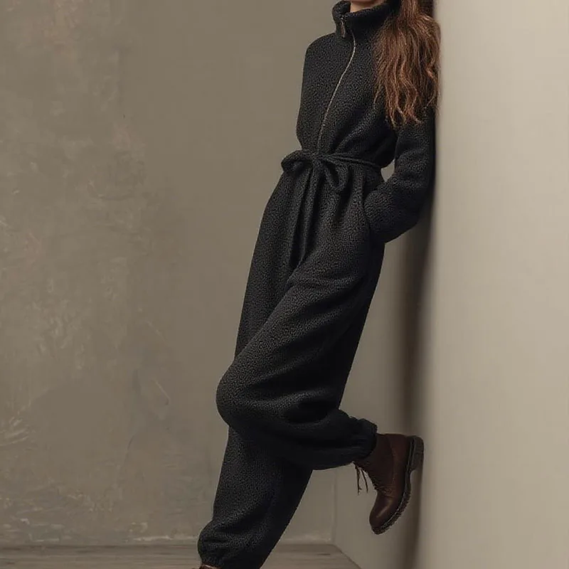 

Women Fashion Loose Solid Color Jumpsuit Fall Winter Casual Long Sleeve Pockets Romper Elegant Hight Waist Stand Collar Playsuit