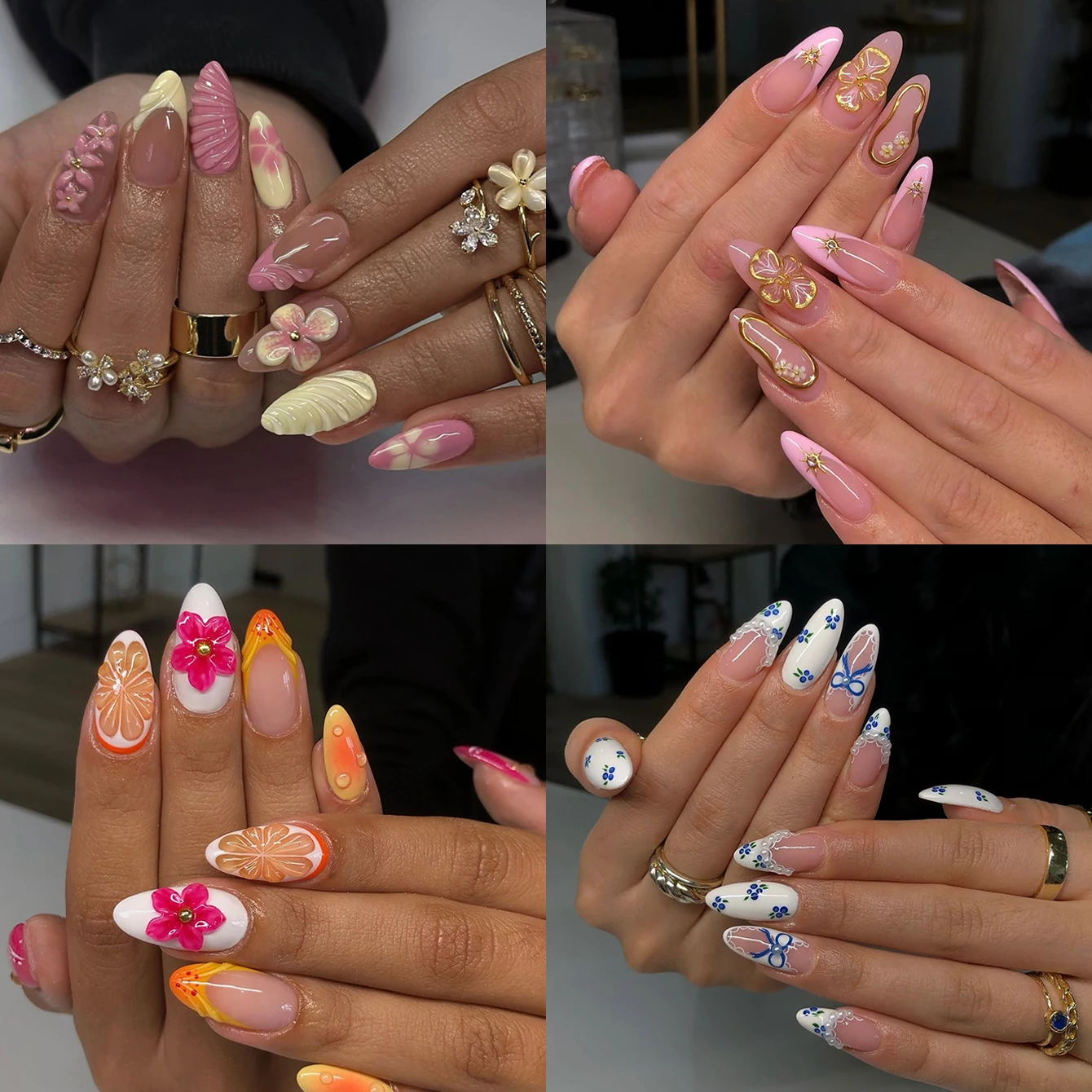 40 STKS Amandelpers op nagels Medium nepnagel met bloem Parel Fruit Gouden kraal Ontwerp Volledige dekking Nepnagelglans Kunstmatig