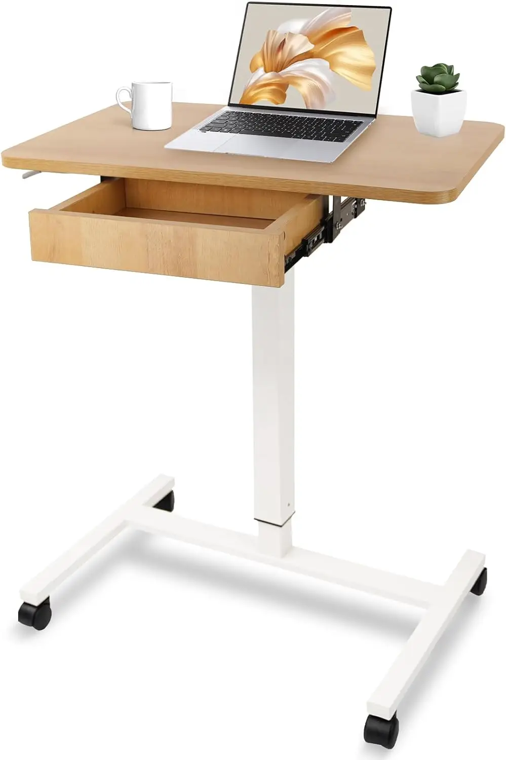 Clatina Mobile Laptop Standing Desk, Height Adjustable Teacher Podium With Lockable Wheels, Adjustable Work Table With Drawer,