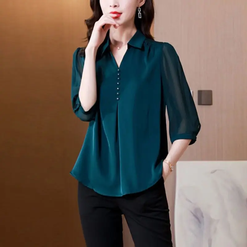 Women Vintage Elegant Chiffon Blouse Spring Summer Gauze 3/4 Sleeve V-Neck Fashion Loose Solid Button Female Casual Shirt 2022