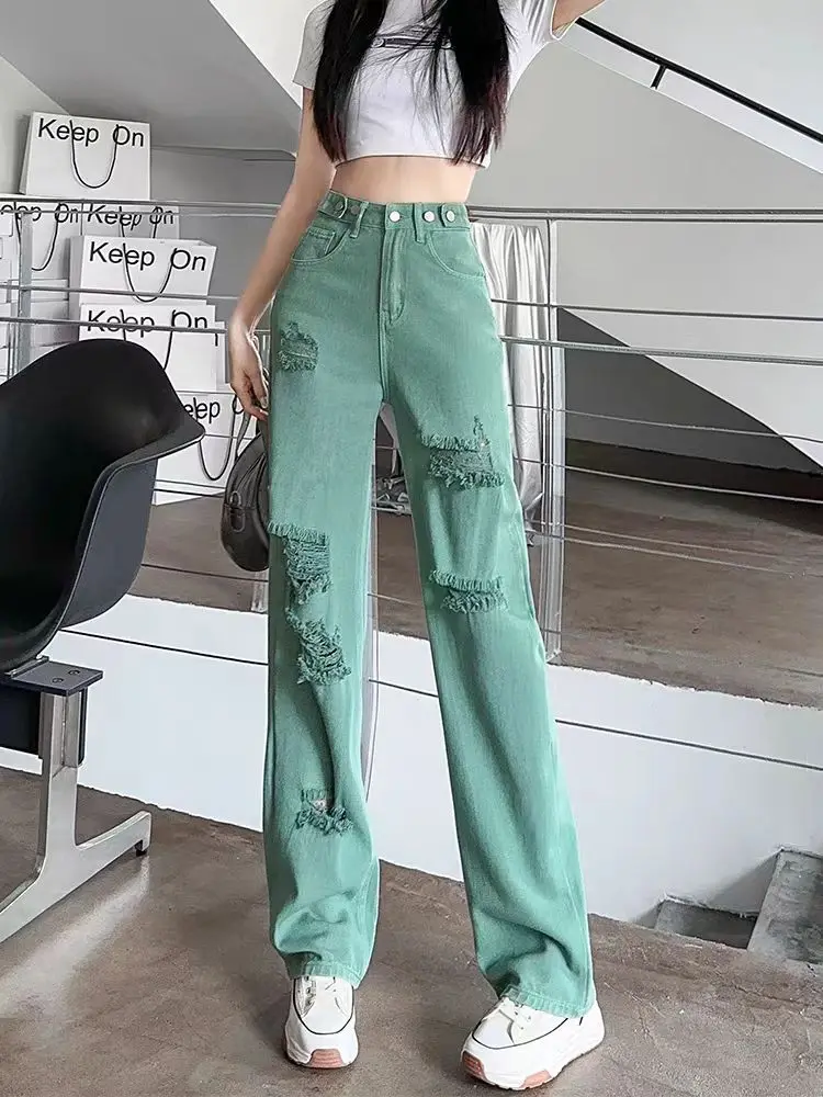 Ripped Trousers Straight Leg Women\'s with Holes Jeans Cowboy Pants for Woman Torn Green High Waist Shot 2025 Korean Style Unique